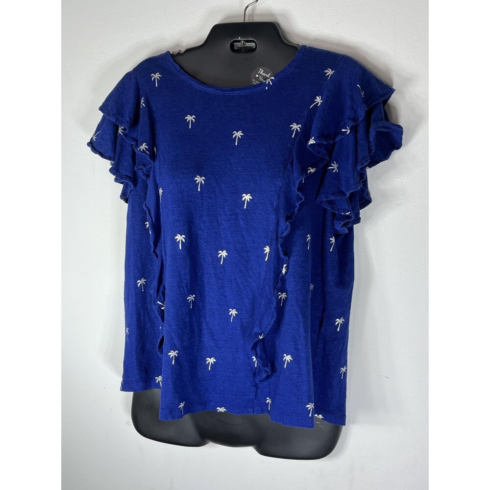 Chico's Shirt Womens 2 L Blue Palm Tree Crew Neck Ruffle Flutter Sleeve Top